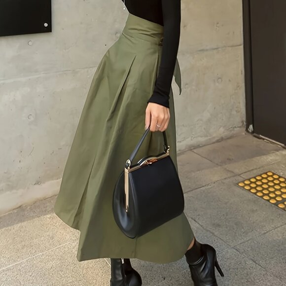 Passion of Essence Dresses & Skirts - Elegant Army Green Polyester A-Line Skirt with Belt